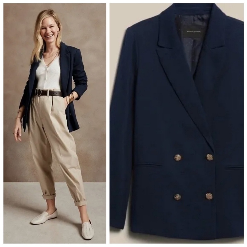 NWT Banana Republic Textured Cotton-Linen Blazerโ navy blue Sz 2 double breasted